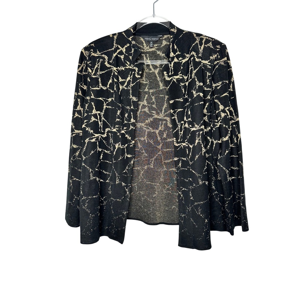 Ming Wang Cardigan Crackle Knit Shoulder Size L Petite Black Gold Office
